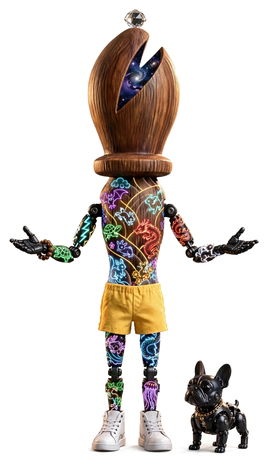 Joe, the First Spark — a wooden bishop figure with a diamond, faceless